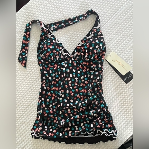 PROFILE BY GOTTEX Gin Fizz Swimsuit Halter Tankini Top 6 Black Multi Tie Neck - Picture 2 of 9